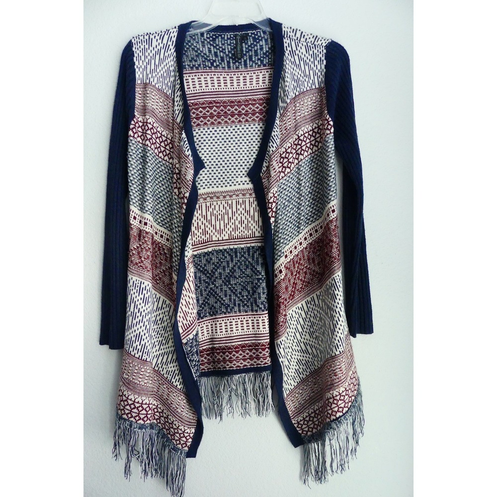 Allie & Rob Womens Fair Isle‎ Fringe Cardigan Sweater M Open Front Boho Casual